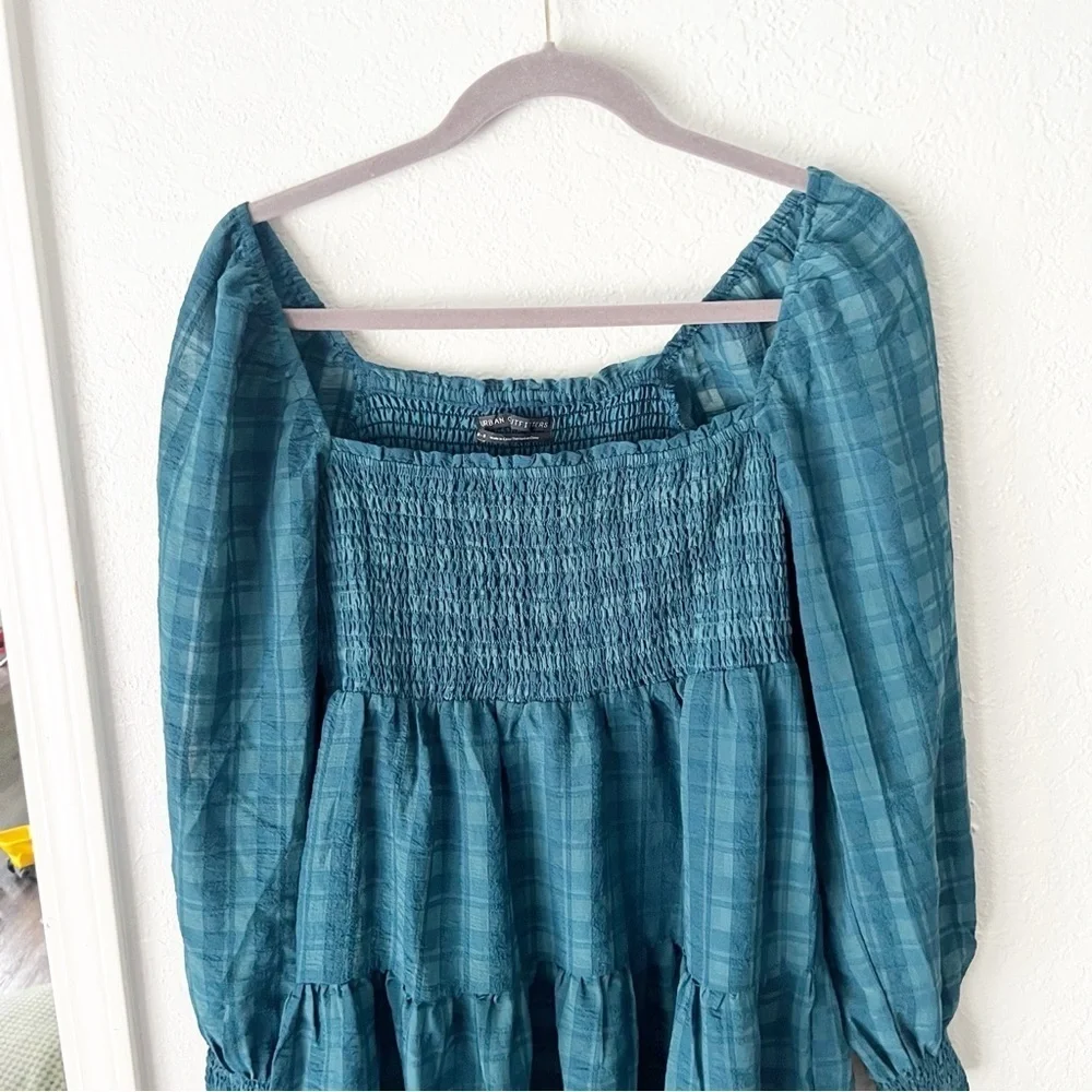 Urban Outfitters Dress Medium River Smocked Long Sleeve Blue Gingham Mini - Picture 2 of 6